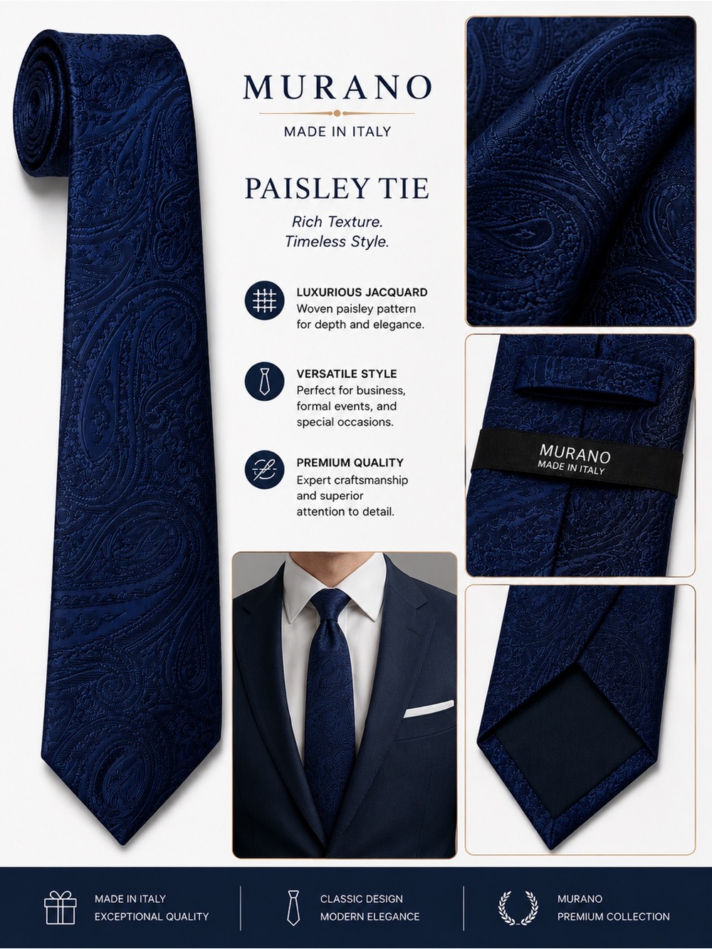 Murano Men’s Navy Blue Paisley Tie Made in Italy NWT originally $59.50